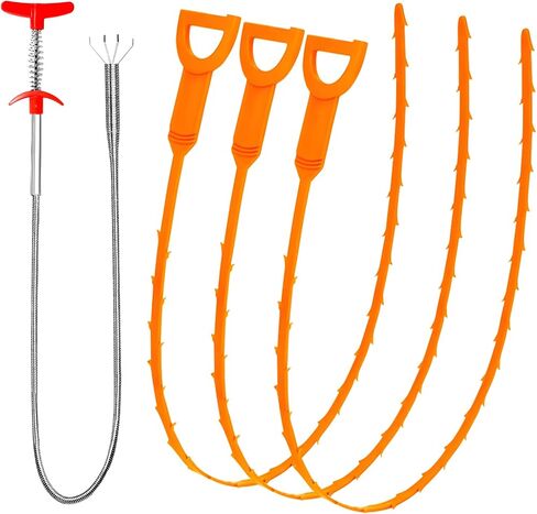 Forliver Snake Drain Hair Drain Clog Remover Cleaning Tool Pipe Snake Shower drain with 25 Inch 3 Packs Plastic sink snake & 1 Pack Drain Relief Tool for Kitchen Sink Bath Tub Bathroom(3+1) in Kuwait