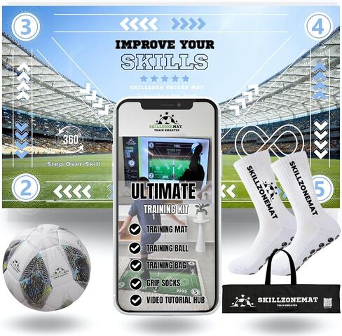 SkillZone Soccer Training Mat with Soccer Ball – Dribbling & Footwork Trainer | Indoor/Outdoor Soccer Training Kit with Interactive Video Hub, Grip Socks & Carry Bag | Control & Agility Practice in Kuwait