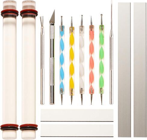 14 Pcs Polymer Clay Tools Acrylic Roller Clay Rolling Pins for Baking with Thickness Rings, Tissue Blade, Slicer Knife, Dotting Tools, Sculpting Earring and Jewelry Making Kit for Modeling and Shaping in Kuwait