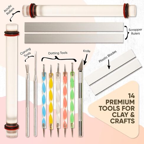 14 Pcs Polymer Clay Tools Acrylic Roller Clay Rolling Pins for Baking with Thickness Rings, Tissue Blade, Slicer Knife, Dotting Tools, Sculpting Earring and Jewelry Making Kit for Modeling and Shaping in Kuwait