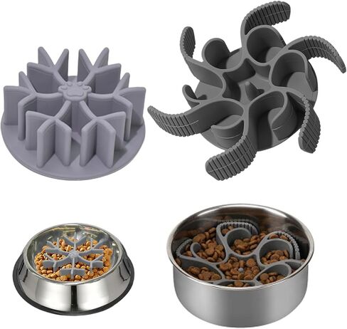 Slow Feeder Dog Bowl Insert 2PCS, Adjustable & Fixed Size Silicone Slow Eating Mat with Strong Suction Cup, Fit into Basic and Elevated Dog Bowls, Slower Eating for Puppy Small Medium Large Dogs in Kuwait