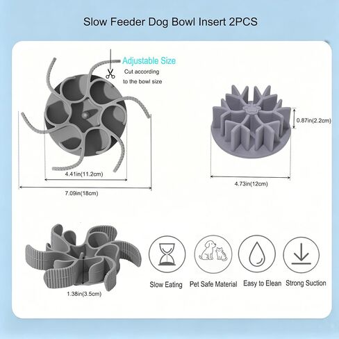 Slow Feeder Dog Bowl Insert 2PCS, Adjustable & Fixed Size Silicone Slow Eating Mat with Strong Suction Cup, Fit into Basic and Elevated Dog Bowls, Slower Eating for Puppy Small Medium Large Dogs in Kuwait