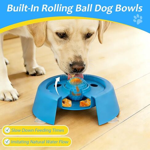 Slow Feeder Dog Bowls for Liquid Treat Dog Lick Bowl with Enrichment Rolling Ball Toy for Bone Broth Yogurt and Liquid and Thick Treat with Suction Cup Base for Small Medium Large Dogs in Kuwait