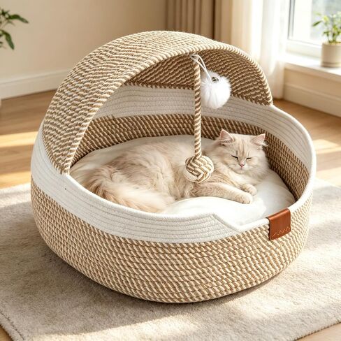 Cat Bed Basket with Cushion, Stimuli Cat Handwoven Cave Bed Hooded Basket in Kuwait