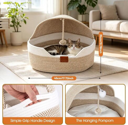 Cat Bed Basket with Cushion, Stimuli Cat Handwoven Cave Bed Hooded Basket in Kuwait