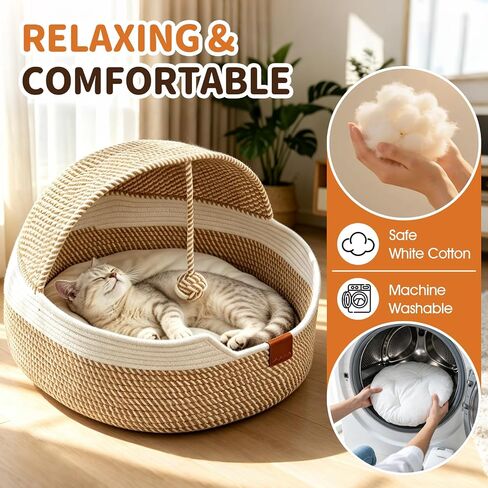 Cat Bed Basket with Cushion, Stimuli Cat Handwoven Cave Bed Hooded Basket in Kuwait