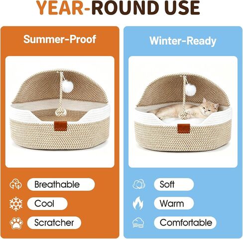 Cat Bed Basket with Cushion, Stimuli Cat Handwoven Cave Bed Hooded Basket in Kuwait