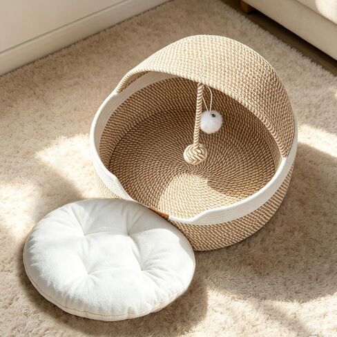 Cat Bed Basket with Cushion, Stimuli Cat Handwoven Cave Bed Hooded Basket in Kuwait