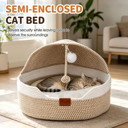 Cat Bed Basket with Cushion, Stimuli Cat Handwoven Cave Bed Hooded Basket in Kuwait