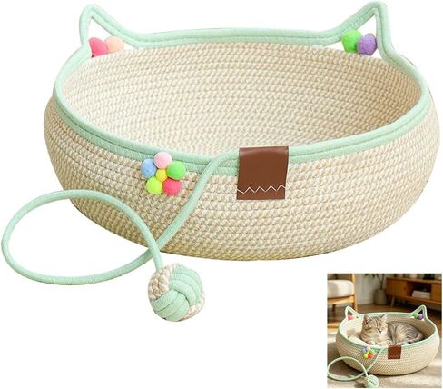 Handwoven Instinct Basket for Cats, Stimuli Cute Cat Ear Shape Cat Scratcher Bed with Hanging Rope Ball Toy, 2‑in‑1 Sleep & Play Natural Cotton Rope Pet Bed for Claw Care, Small Pets in Kuwait