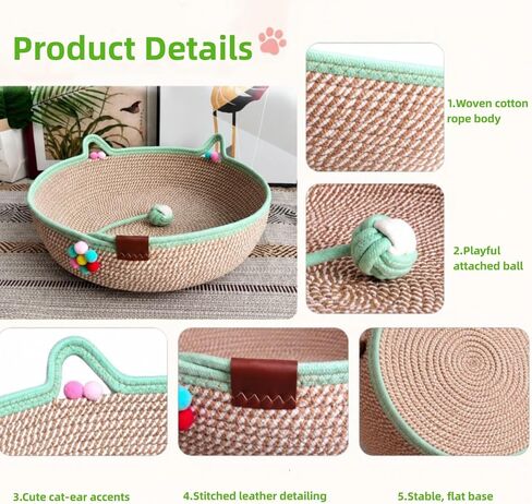 Handwoven Instinct Basket for Cats, Stimuli Cute Cat Ear Shape Cat Scratcher Bed with Hanging Rope Ball Toy, 2‑in‑1 Sleep & Play Natural Cotton Rope Pet Bed for Claw Care, Small Pets in Kuwait