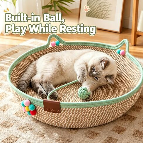 Handwoven Instinct Basket for Cats, Stimuli Cute Cat Ear Shape Cat Scratcher Bed with Hanging Rope Ball Toy, 2‑in‑1 Sleep & Play Natural Cotton Rope Pet Bed for Claw Care, Small Pets in Kuwait