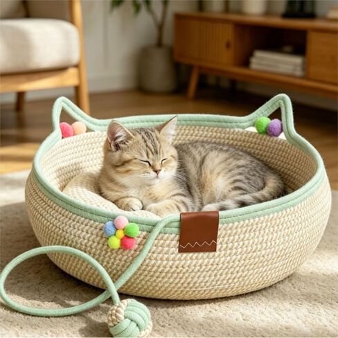 Handwoven Instinct Basket for Cats, Stimuli Cute Cat Ear Shape Cat Scratcher Bed with Hanging Rope Ball Toy, 2‑in‑1 Sleep & Play Natural Cotton Rope Pet Bed for Claw Care, Small Pets in Kuwait