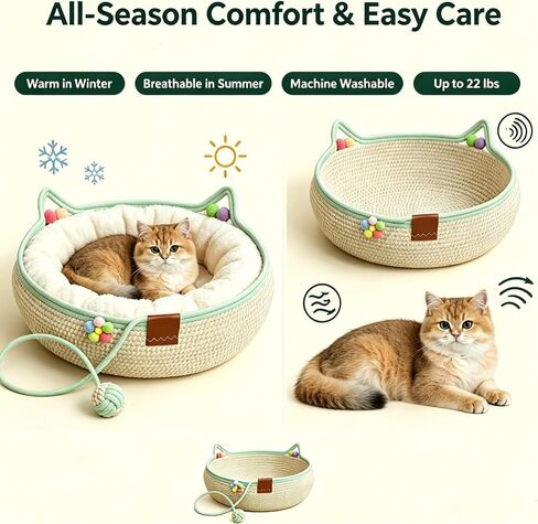 Handwoven Instinct Basket for Cats, Stimuli Cute Cat Ear Shape Cat Scratcher Bed with Hanging Rope Ball Toy, 2‑in‑1 Sleep & Play Natural Cotton Rope Pet Bed for Claw Care, Small Pets in Kuwait