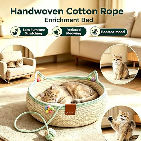 Handwoven Instinct Basket for Cats, Stimuli Cute Cat Ear Shape Cat Scratcher Bed with Hanging Rope Ball Toy, 2‑in‑1 Sleep & Play Natural Cotton Rope Pet Bed for Claw Care, Small Pets in Kuwait