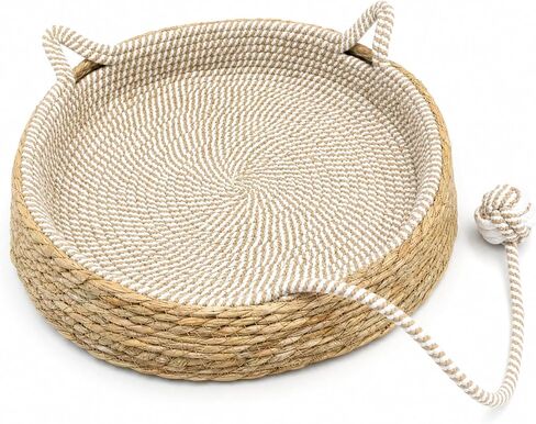Handwoven Cat Basket Basket with Cotton Rope Liner Cat Ear Design Round Cat Scratcher Bed with Interactive Toy Ball Breathable All Season Scratch-Resistant Woven Cat Bed for Indoor Cats All Breeds in Kuwait