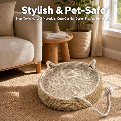 Handwoven Cat Basket Basket with Cotton Rope Liner Cat Ear Design Round Cat Scratcher Bed with Interactive Toy Ball Breathable All Season Scratch-Resistant Woven Cat Bed for Indoor Cats All Breeds in Kuwait