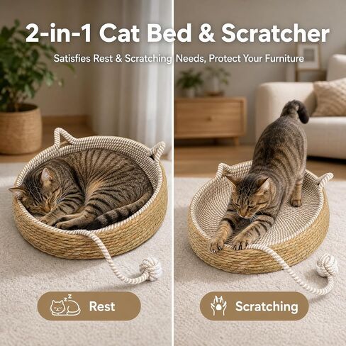Handwoven Cat Basket Basket with Cotton Rope Liner Cat Ear Design Round Cat Scratcher Bed with Interactive Toy Ball Breathable All Season Scratch-Resistant Woven Cat Bed for Indoor Cats All Breeds in Kuwait