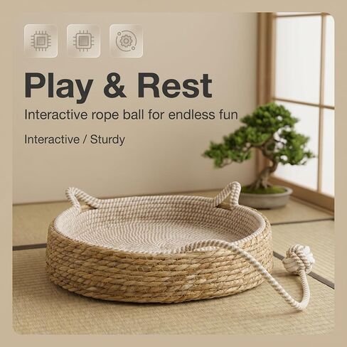 Handwoven Cat Basket Basket with Cotton Rope Liner Cat Ear Design Round Cat Scratcher Bed with Interactive Toy Ball Breathable All Season Scratch-Resistant Woven Cat Bed for Indoor Cats All Breeds in Kuwait
