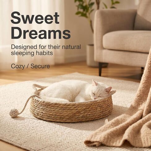 Handwoven Cat Basket Basket with Cotton Rope Liner Cat Ear Design Round Cat Scratcher Bed with Interactive Toy Ball Breathable All Season Scratch-Resistant Woven Cat Bed for Indoor Cats All Breeds in Kuwait