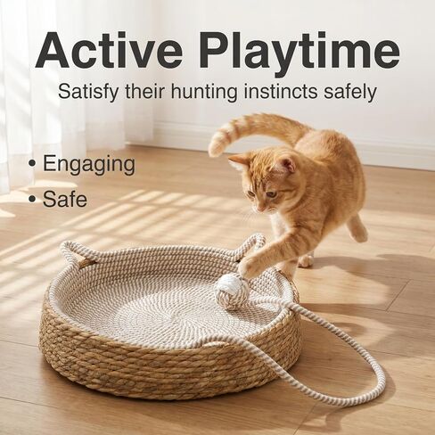 Handwoven Cat Basket Basket with Cotton Rope Liner Cat Ear Design Round Cat Scratcher Bed with Interactive Toy Ball Breathable All Season Scratch-Resistant Woven Cat Bed for Indoor Cats All Breeds in Kuwait