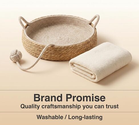 Handwoven Cat Basket Basket with Cotton Rope Liner Cat Ear Design Round Cat Scratcher Bed with Interactive Toy Ball Breathable All Season Scratch-Resistant Woven Cat Bed for Indoor Cats All Breeds in Kuwait