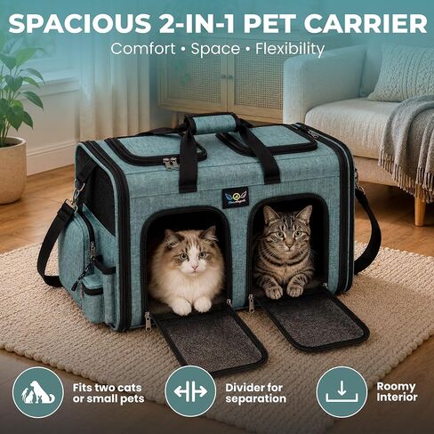 Premium Double Pet Carrier – Spacious 2-in-1 Travel Bag for 2 Cats or Small Dogs, with Divider, Breathable Mesh, Soft-Sided, Foldable Design in Kuwait