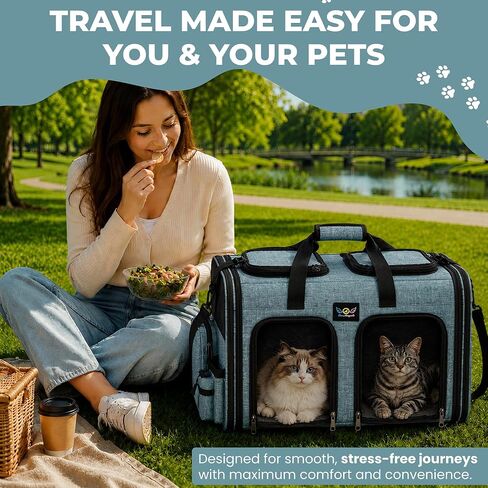Premium Double Pet Carrier – Spacious 2-in-1 Travel Bag for 2 Cats or Small Dogs, with Divider, Breathable Mesh, Soft-Sided, Foldable Design in Kuwait