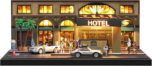 SOCANGJIA1:64 Vintage Hotel Street Diorama (with LED Lights), Car Model Storage and Display Set, Suitable for 1/64-scale die-cast Cars, Hot Wheels, and Tomica Mini GT in Kuwait