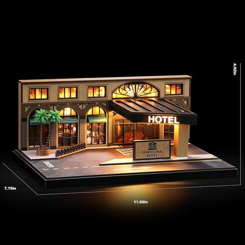 SOCANGJIA1:64 Vintage Hotel Street Diorama (with LED Lights), Car Model Storage and Display Set, Suitable for 1/64-scale die-cast Cars, Hot Wheels, and Tomica Mini GT in Kuwait