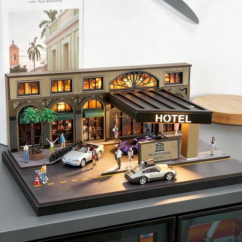 SOCANGJIA1:64 Vintage Hotel Street Diorama (with LED Lights), Car Model Storage and Display Set, Suitable for 1/64-scale die-cast Cars, Hot Wheels, and Tomica Mini GT in Kuwait