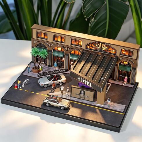 SOCANGJIA1:64 Vintage Hotel Street Diorama (with LED Lights), Car Model Storage and Display Set, Suitable for 1/64-scale die-cast Cars, Hot Wheels, and Tomica Mini GT in Kuwait