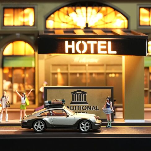 SOCANGJIA1:64 Vintage Hotel Street Diorama (with LED Lights), Car Model Storage and Display Set, Suitable for 1/64-scale die-cast Cars, Hot Wheels, and Tomica Mini GT in Kuwait