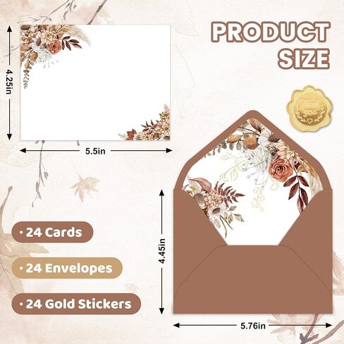 Whaline 24Pcs Fall Flat Blank Notes with Envelopes Boho Autumn Floral Blank Index Card Retro Flower Non Folding Note Cards for Thanksgiving Wedding Birthday, 5.5 x 4.3 Inch in Kuwait