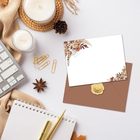 Whaline 24Pcs Fall Flat Blank Notes with Envelopes Boho Autumn Floral Blank Index Card Retro Flower Non Folding Note Cards for Thanksgiving Wedding Birthday, 5.5 x 4.3 Inch in Kuwait
