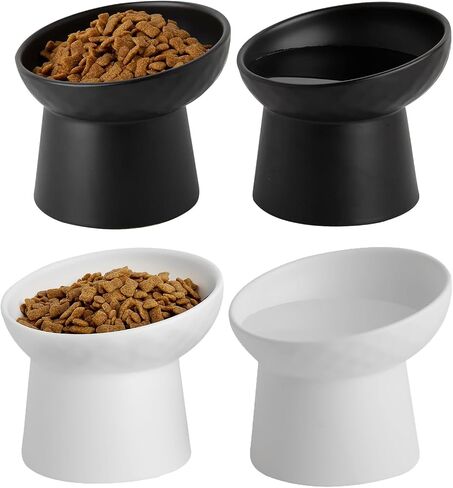 Elevated Cat Bowls, 15° Tilted Ceramic Raised Cat Food and Water Bowl Set, Whisker-Friendly Porcelain Pet Feeder Dishes for Indoor Cats and Small Dogs,White,5.2 Inch,2 Pack in Kuwait