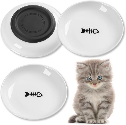 Cat Food Bowl, Whisker Friendly Ceramic Cat Bowls with Nonslip Silicone Bottom, Pack of 3 Quiet Dishes and Plates for Feeding Indoor Cats, Kittens and Small Dogs(Fishbone,Shallower) in Kuwait
