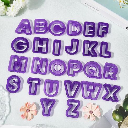 SUNNYCLUE 26Pcs 26 Styles Polymer Clay Alphabet Molds Letter Clay Cutters Purple Plastic Cutting A to Z Shape Design Earrings Cutter Tool Set for Jewelry Making DIY Crafts Cake Baking Accessories in Kuwait