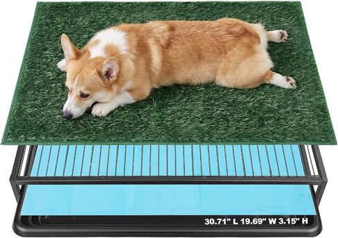 Dog Grass Pad with Tray, 24.02" L x 17.72" W x 3.15" H, 1 Reusable Artificial Turf & 10 Pee Pads, Waterproof Non-Slip Washable Porch Potty, Portable Dog Litter Box for Indoor & Outdoor Use in Kuwait