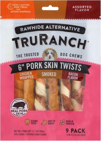 TRURANCH 6" Pork Skin Twists for Dogs, Long Lasting, Assorted, 9 Ct in Kuwait