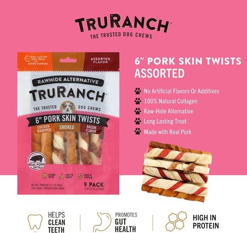 TRURANCH 6" Pork Skin Twists for Dogs, Long Lasting, Assorted, 9 Ct in Kuwait