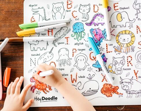 HeyDoodle Classic Doodle Mat – Reusable Silicone Coloring Mat for Toddlers and Kids – Educational Fractions Activity Pad with 9 Markers – Mess-Free Travel Toy – Ages 3-7 (Into the Wild) in Kuwait