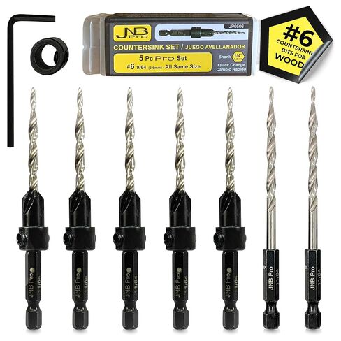 JNB Pro Wood Countersink Drill Bit Set - 5 Pc Adjustable Countersink Bit #6(9/64") - All Same Size - 2 Extra 9/64 Tapered Drill Bit, 1 Adjust. Collar, 1 Wrench - 1/4" Quick Change Shank - Countersink in Saudi Arabia