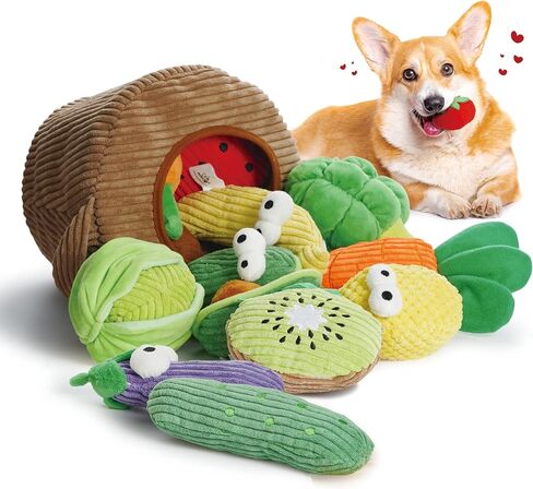 Nocciola Squeaky Fruits Veggies Stuffed Dog Toys Pack- Hide Seek Grocery Basket Crinkle Plush Puppy Toys to Keep Busy, Birthday Pet Supplies Gifts for Small Medium Breeds in Kuwait