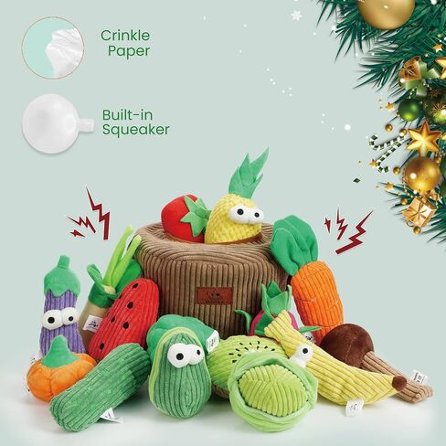 Nocciola Squeaky Fruits Veggies Stuffed Dog Toys Pack- Hide Seek Grocery Basket Crinkle Plush Puppy Toys to Keep Busy, Birthday Pet Supplies Gifts for Small Medium Breeds in Kuwait