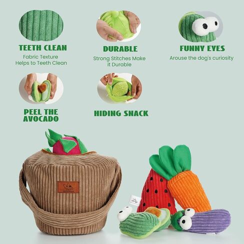 Nocciola Squeaky Fruits Veggies Stuffed Dog Toys Pack- Hide Seek Grocery Basket Crinkle Plush Puppy Toys to Keep Busy, Birthday Pet Supplies Gifts for Small Medium Breeds in Kuwait