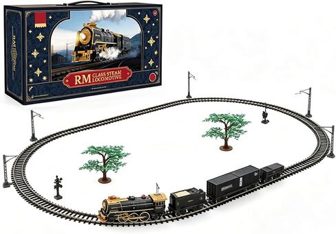 Electric RC Steam Train Set, Vintage Locomotive Model Train with Lights, Sound & Water Smoke Effect, Carriages and Long Railway Track, Forward & Reverse Running, Gift for Adults Lovers in Kuwait