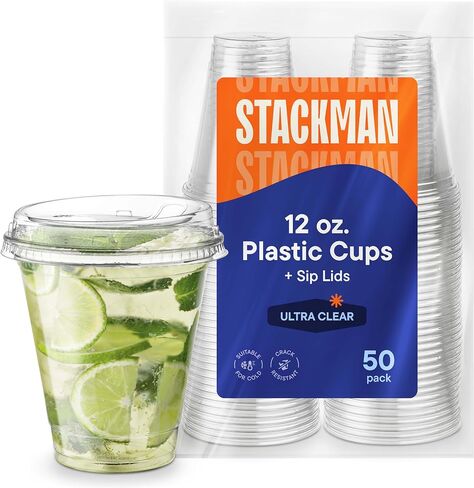 12 oz Clear Plastic Cups with Strawless Sip-Lids [50 Sets] PET Crystal Clear Disposable 16oz Plastic Cups with Lids - Crystal Clear, Durable Cup - BPA Free + Crack Resistant, for Coffee, Juice, Shakes in Saudi Arabia