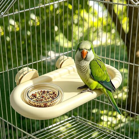 Bird Feeding Platform,bird feeder for cage,Parrot Rest Station with Food Bowl, Parrot Cage Perch,bird perches for Cages,Platform with Feeding Bowl for Parakeets and Small Birds cage Accessories(White) in Kuwait
