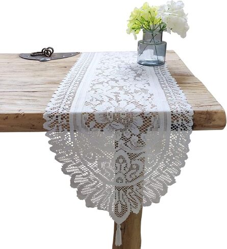 Tinsow 2 Pack Cotton Crochet Lace Rectangular Table Runner Dresser Scarf Doilies (Beige Without Tassels) in Kuwait
